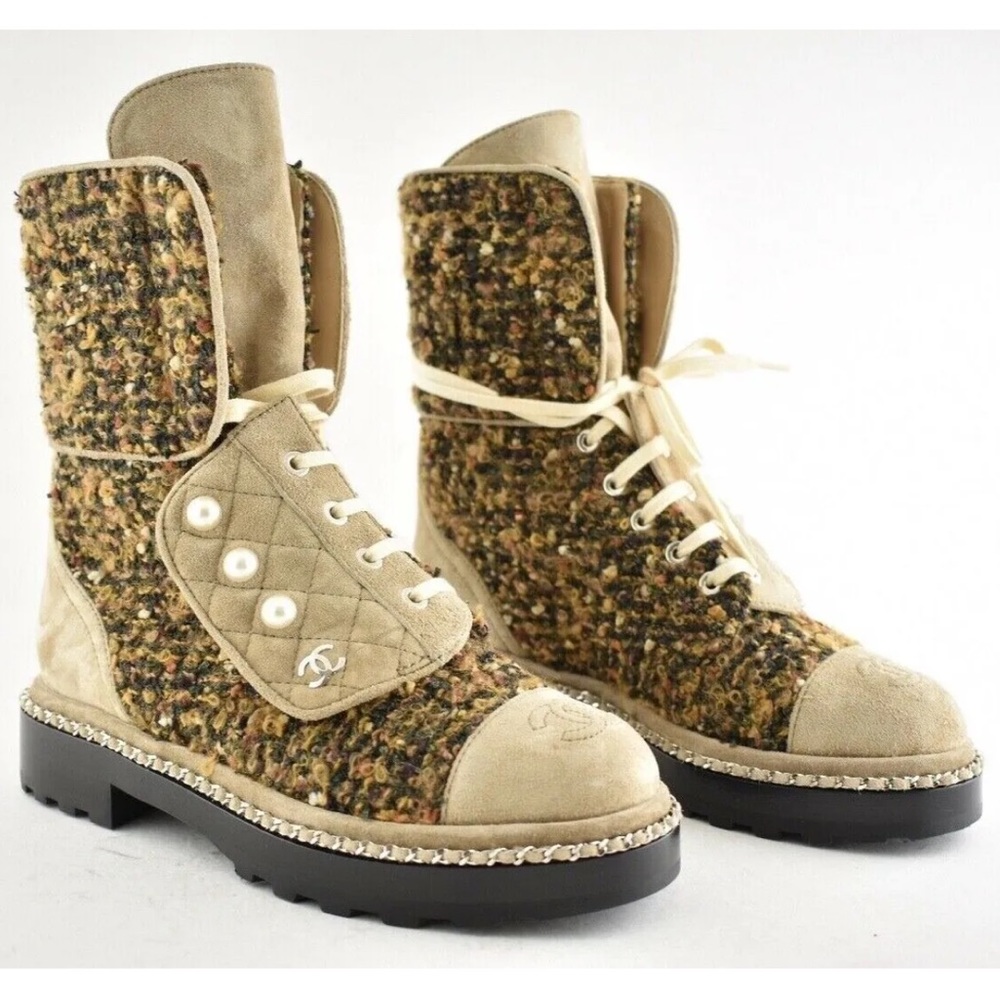 Chanel Citizen Brown Beige Green Tweed CC Chain Pearl Combat Tall Boots 39.5